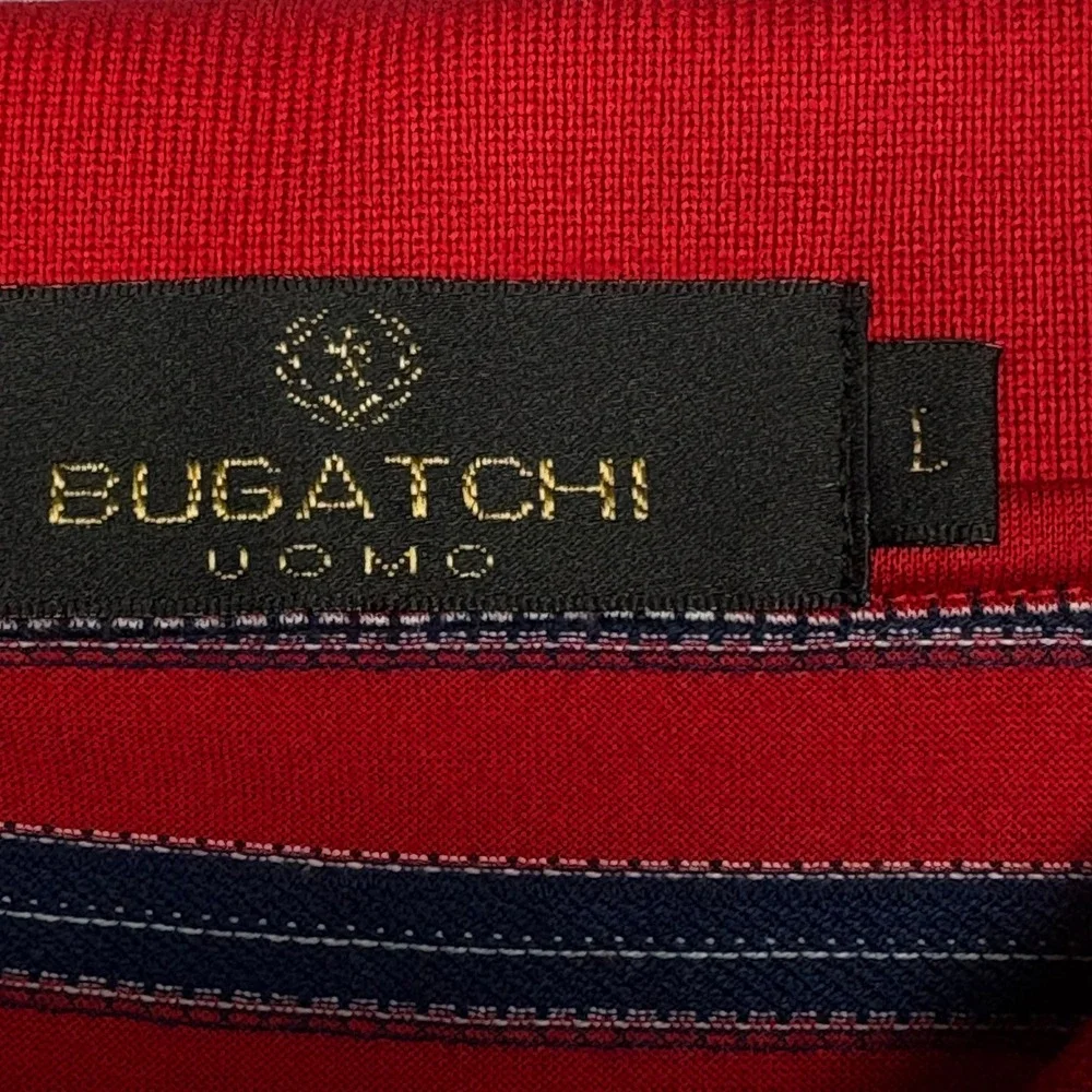Bugatchi Uomo Men L. Red Blue Striped Polo Shirt 100% Mercerized Egyptian Cotton